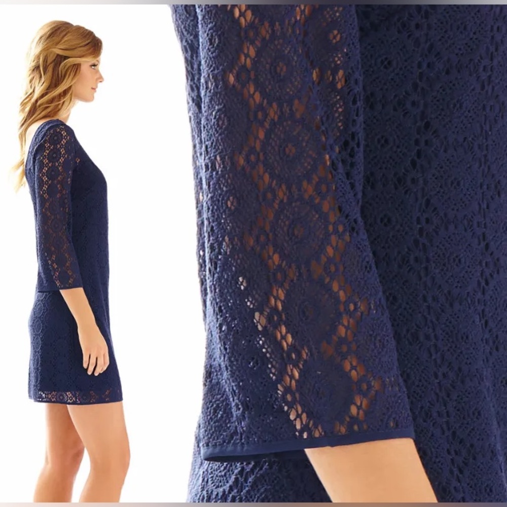 LILY PULITZER Topanga Navy Lace Crochet Knit Mini Shift Dress Size Small